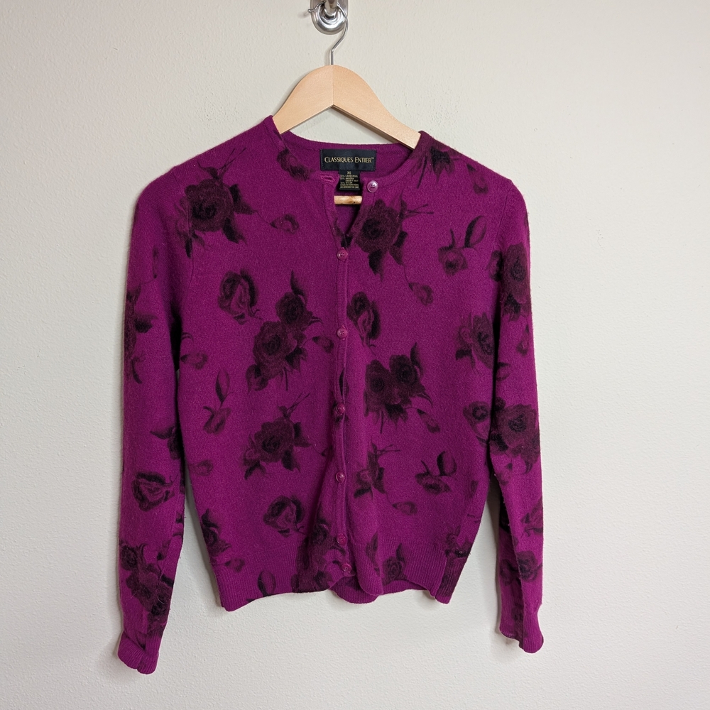 Classiques‎ Entier Angora Blend Cardigan XS Purple Floral Button Front Sweater
